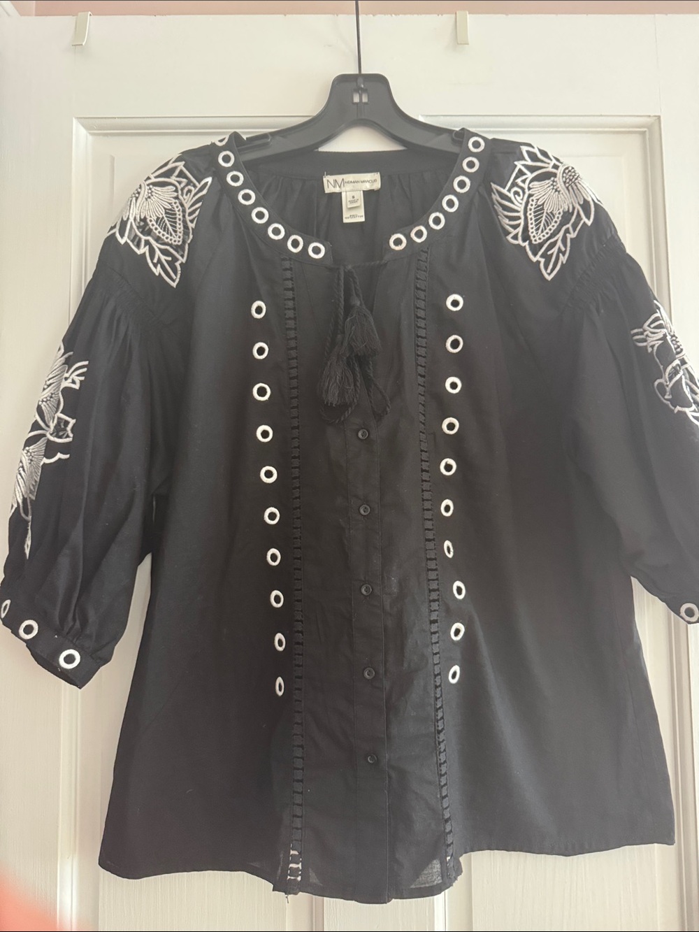 Neiman Marcus  Black Blouse with White Floral Embroidery